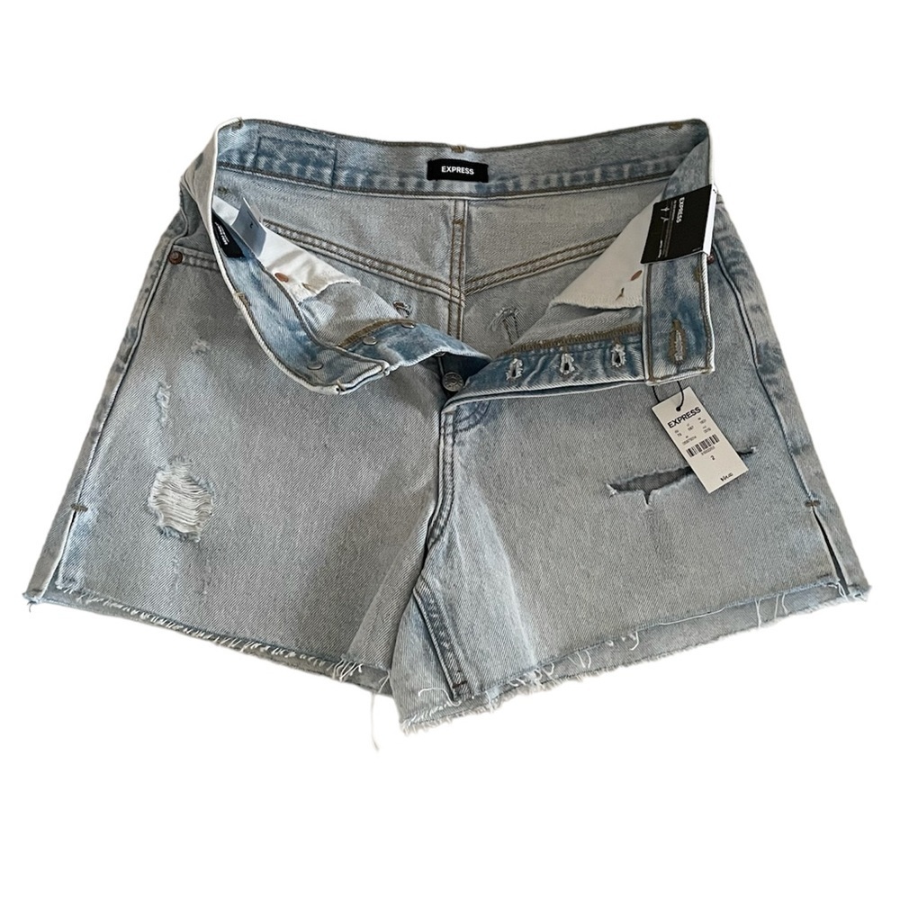 Express Light Jean Denim Super High Rise Distressed Cotton Mom Shorts Women’s 2 - Picture 2 of 13